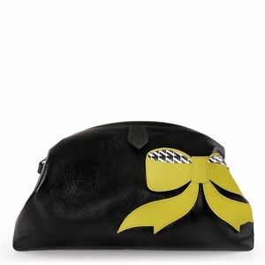 Chie Mihara Black Leather Cosmetic Bag with Yellow Bow Accent